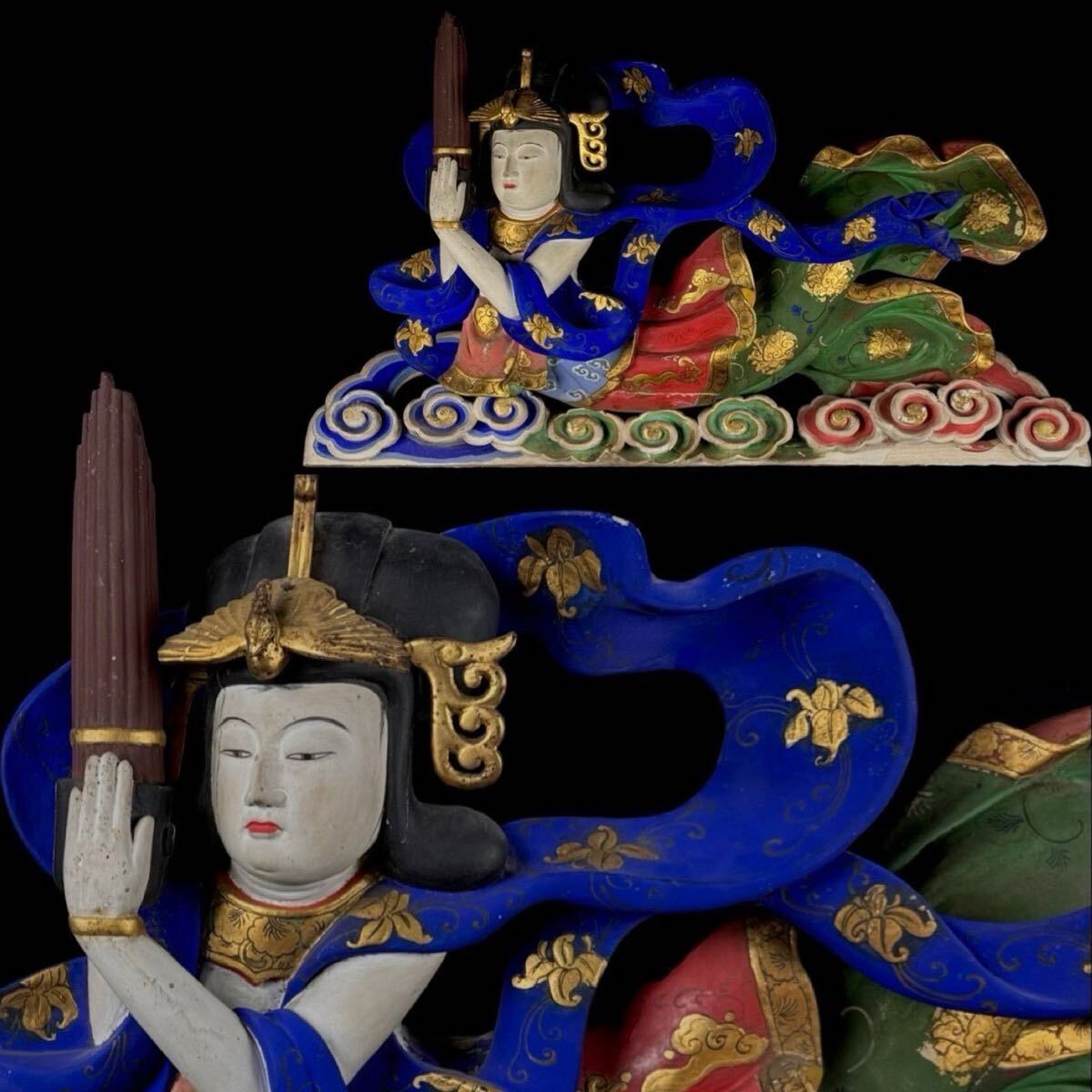 仏教美術 木造 彩色 特大 天女像 雲中供養菩薩 長幅88㎝ 木彫 飛天 仏像 欄間 細密彫刻 時代品 2f 4
