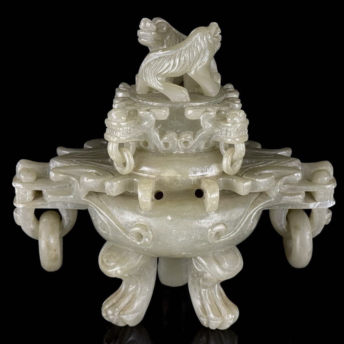 中国美術 唐物 玉石 双耳 遊環 三足 香炉 獅子 細密彫刻 中国古玩 時代品 【c0430b10 2】 b