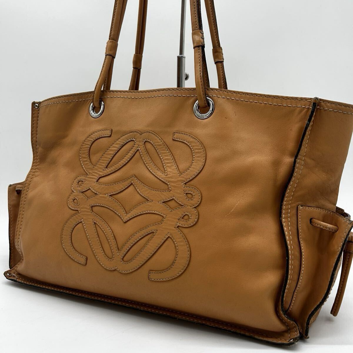 １円 ◆美品◆ LOEWE ロエベ ショッパー トートバッグ ショルダーバッグ アナグラム レザー 本革 ベージュ 肩掛け メンズ レディース