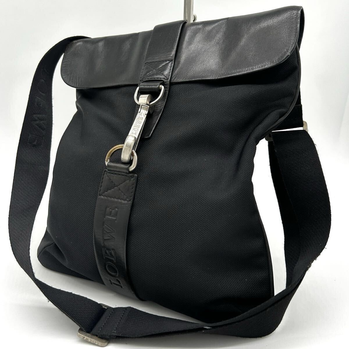 １円 ◆美品◆ LOEWE ロエベ ショルダーバッグ サコッシュ メッセンジャー レザー キャンバス ブラック 黒 斜め掛け メンズ レディース