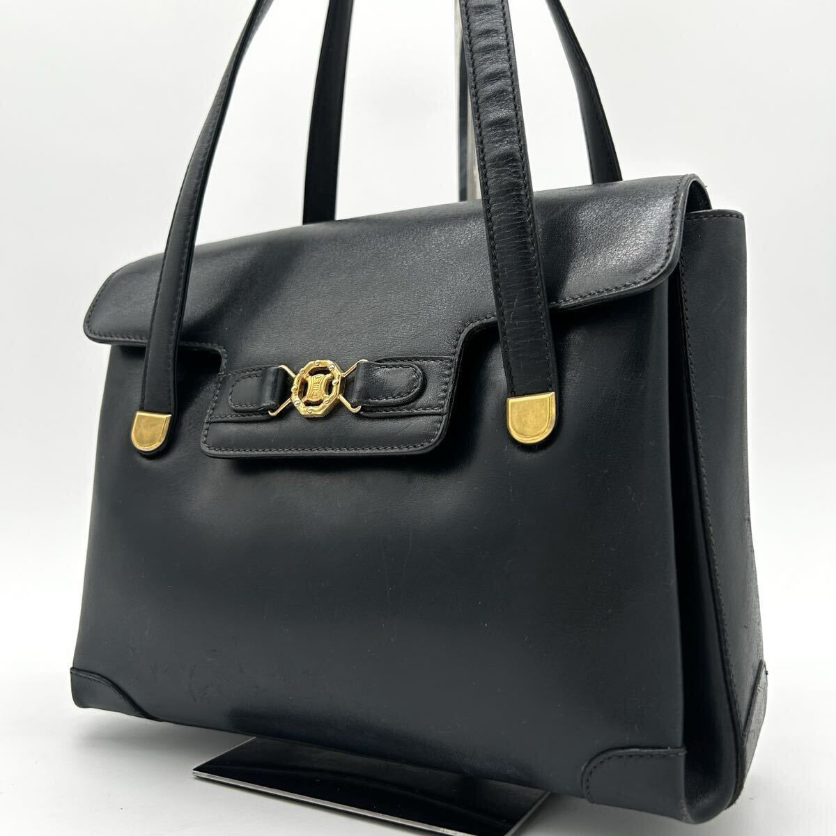 １円 ◆美品◆ CELINE セリーヌ ハンドバッグ トリオンフ金具 ゴールド金具 手持ち鞄 フラップ レザー ブラック 黒 フォーマル イタリア製