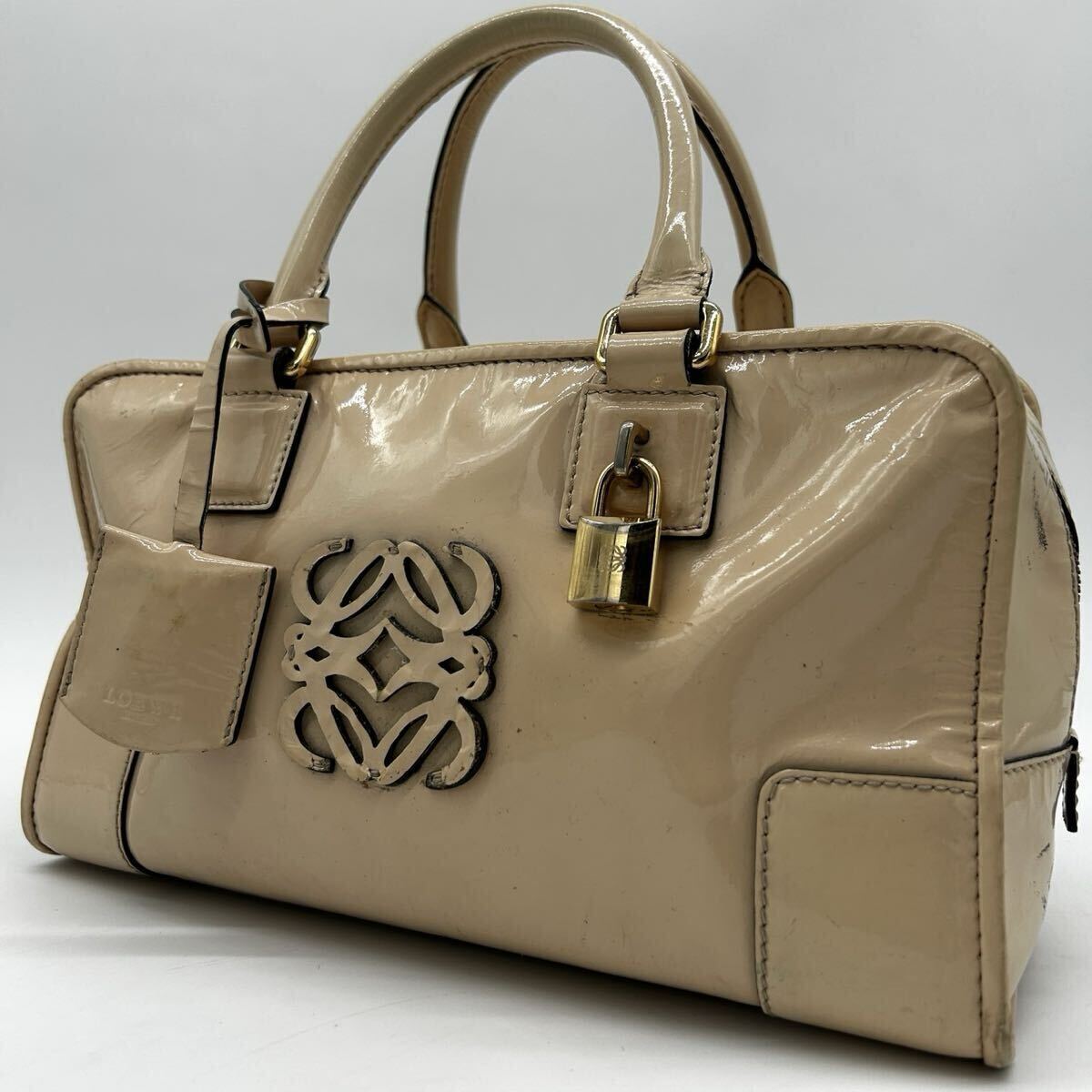 １円 ◆美品◆ LOEWE ロエベ アマソナ28 ハンドバッグ ボストンバッグ アナグラム パテントレザー エナメル ベージュ 南京錠 鍵付き