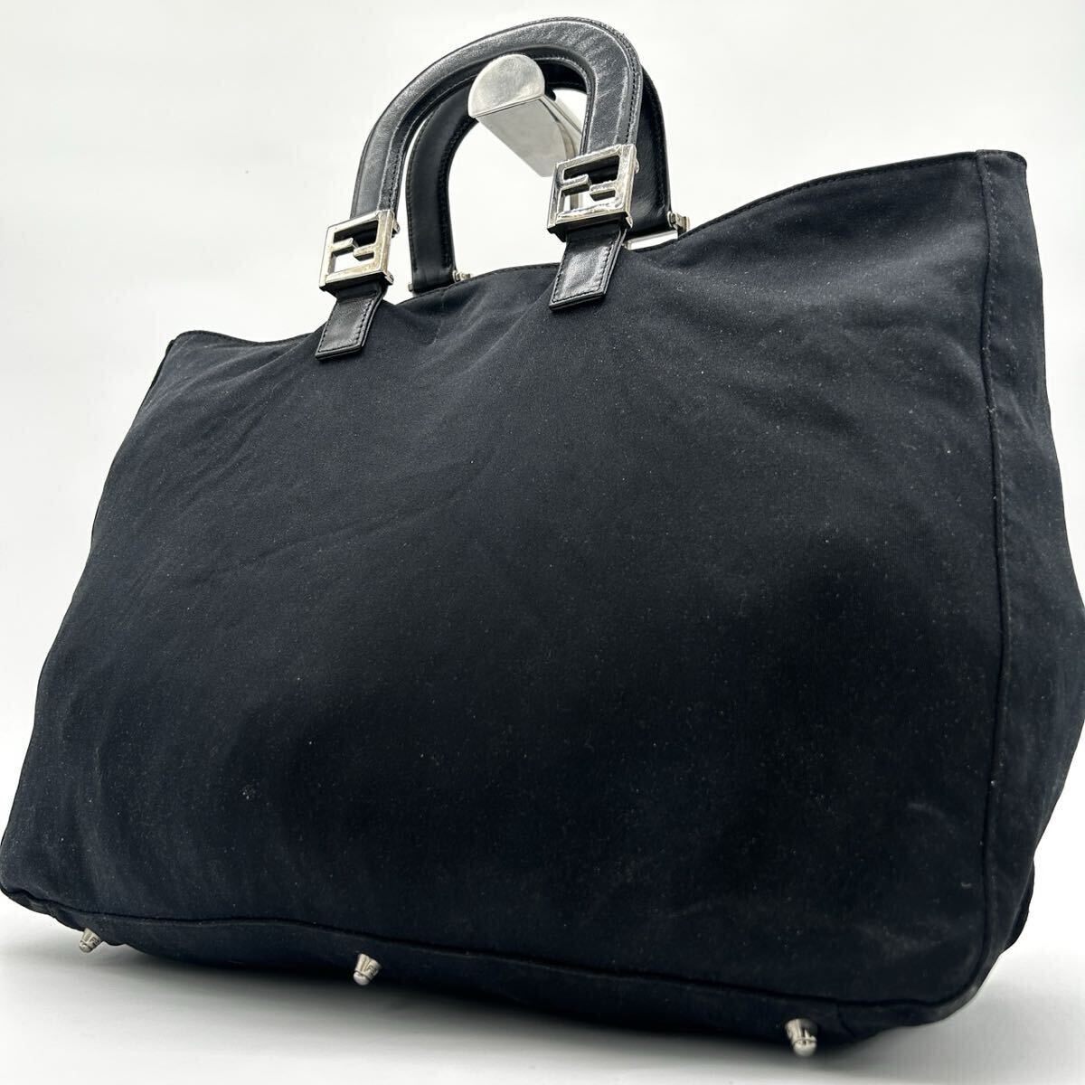 1円 ◆美品◆ FENDI フェンディ トートバッグ ハンドバッグ FF シルバー金具 レザー ナイロン ジャージ ブラック 黒 ポーチ付き イタリア製
