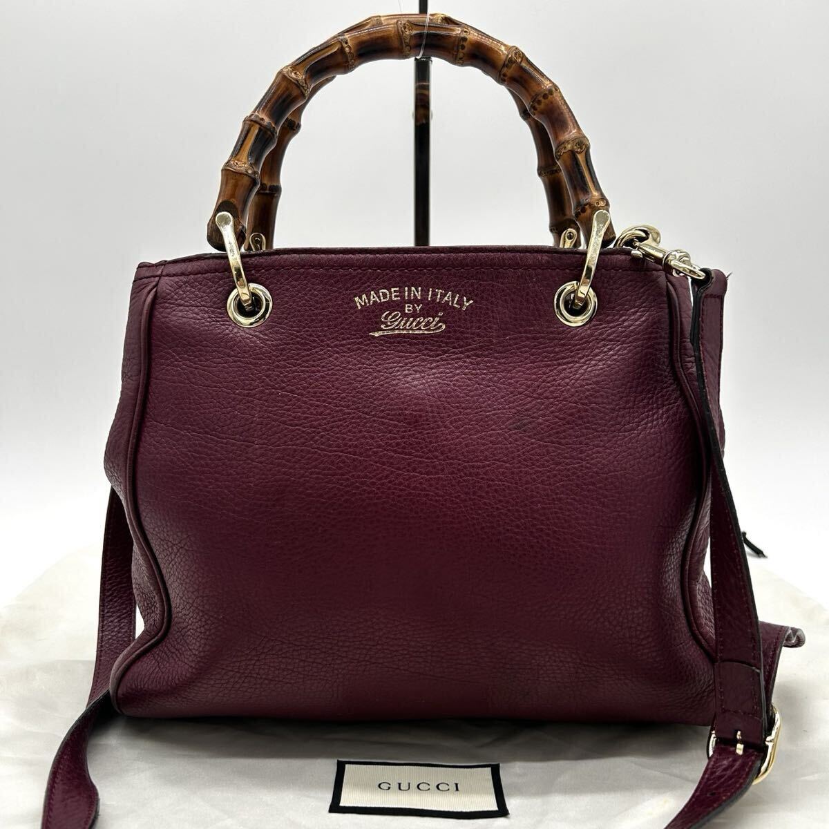１円 ◆美品◆ GUCCI グッチ 2way バンブー ハンドバッグ ショルダーバッグ レザー 本革 ボルドー パープル 紫 斜め掛け クロスボディ
