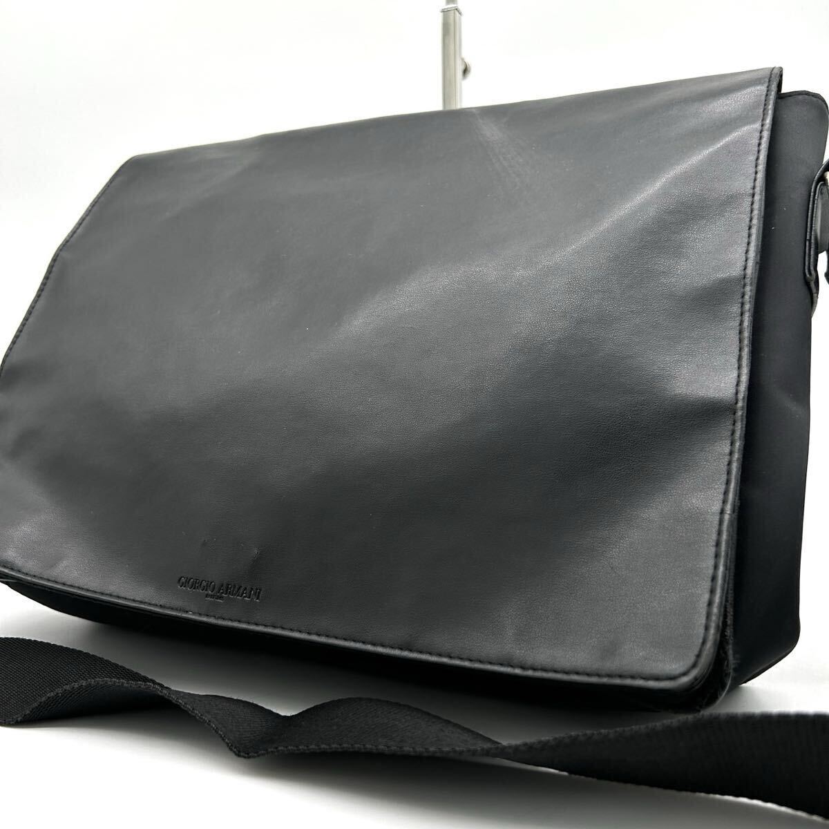 １円◆ GIORGIO ARMANI ジョルジオアルマーニ ショルダーバッグ メッセンジャー ビジネス レザー ナイロン A4 ブラック 黒 斜め掛け メンズ