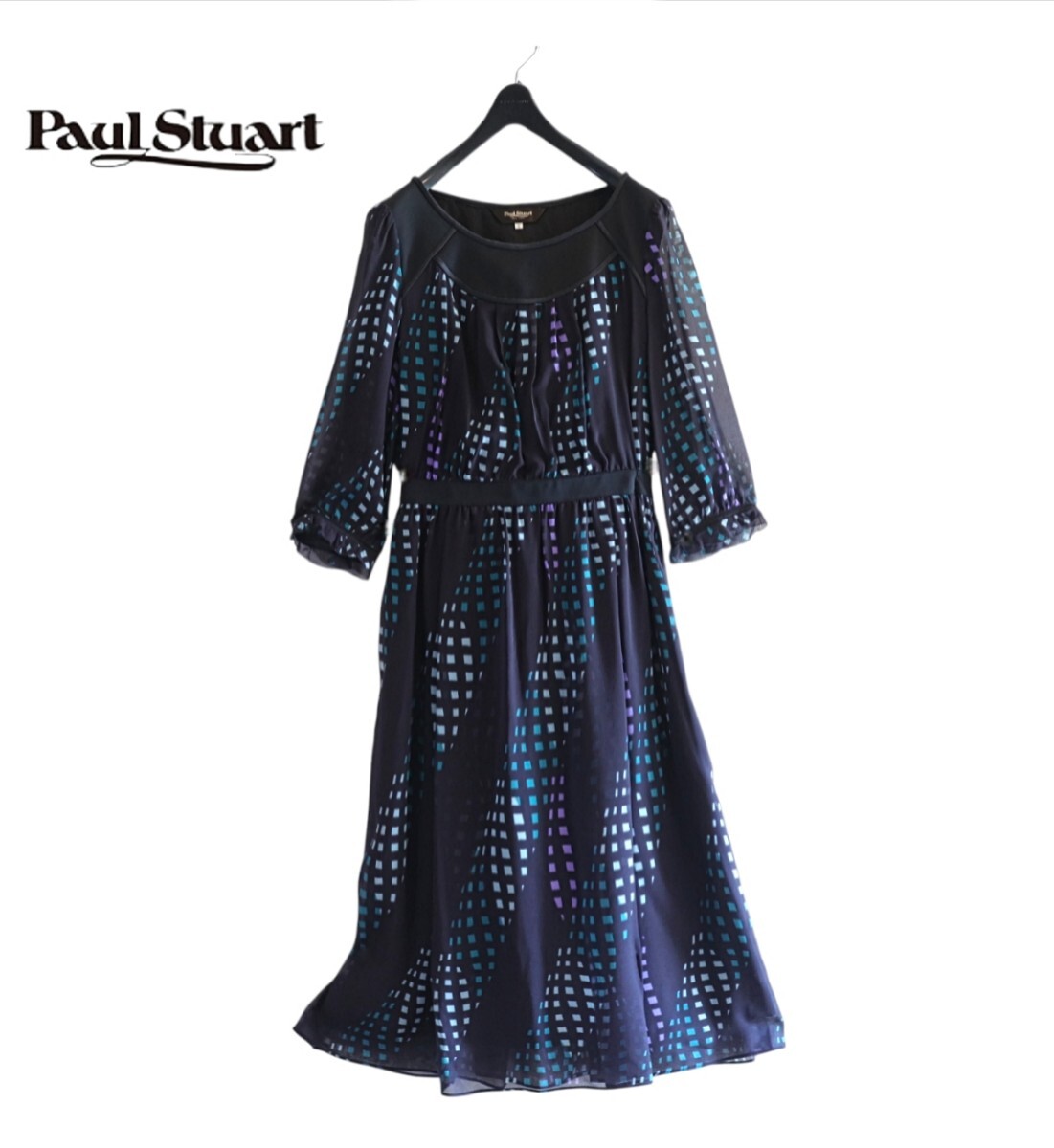 新品同様★PAULSTUART ポールスチュワート ★シルク100％★袖シアー スクエアカラーグラデーション ワンピース size 6/S相当