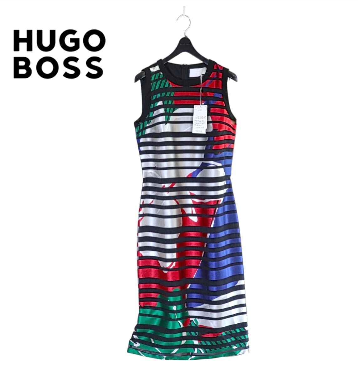 新品タグ付き★HUGO BOSS ボス★Italy製★10万★綺麗色配色 シルク ロングワンピース size38/M相当 ★未使用