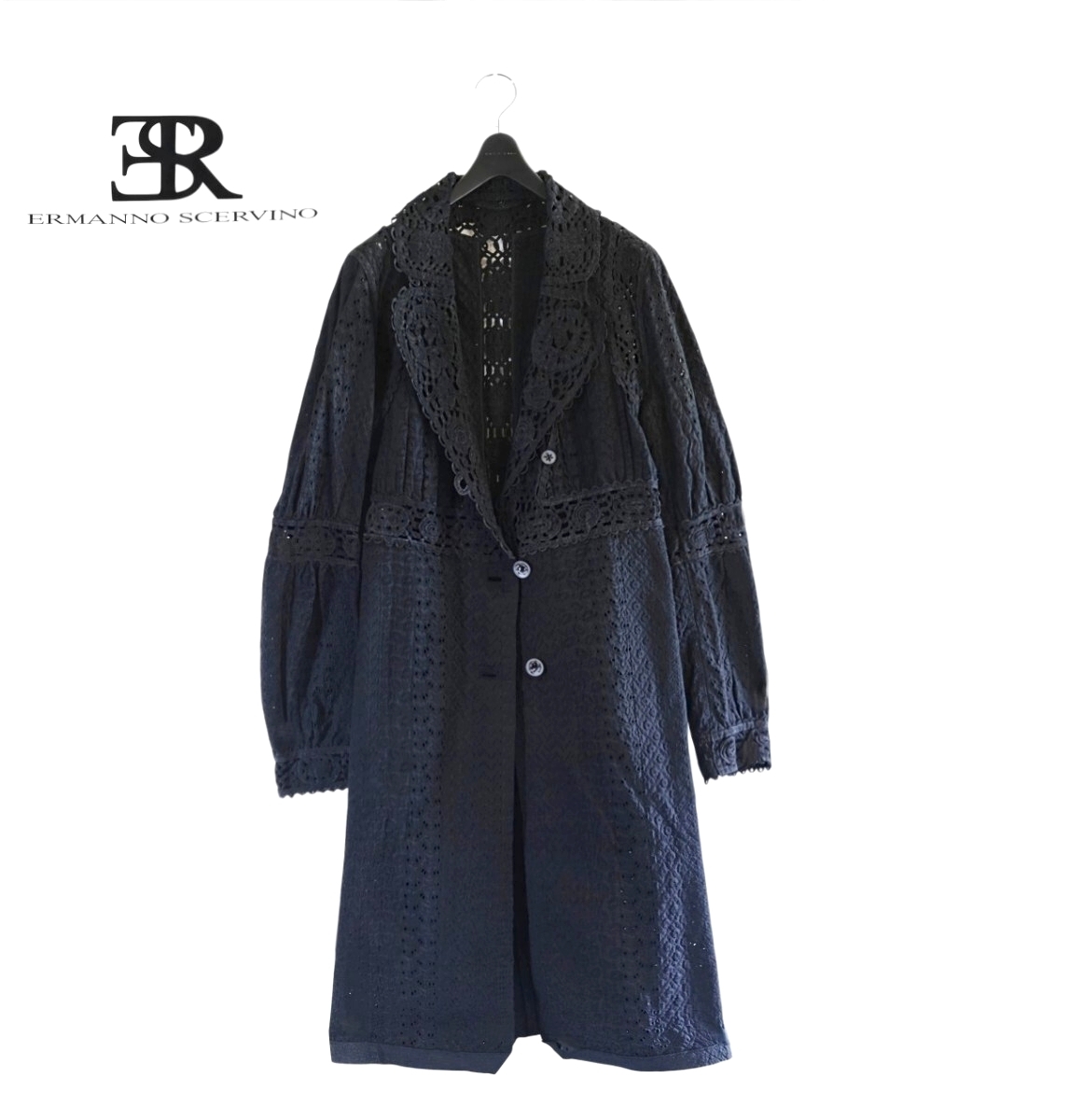 美品★エルマノシェルビーノ ERMANOSCERVINO★Italy製★総レース 黒 ロングコート size 38/М相当