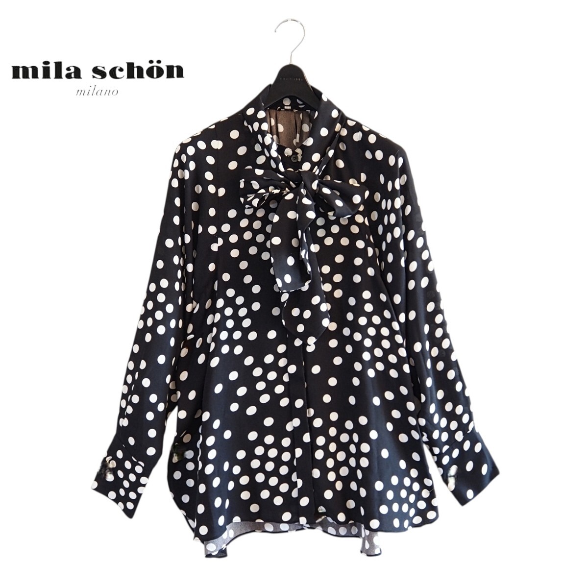美品★ミラショーン mila schon★リボン付き オーバーサイズ ドット柄ブラウス size 40 /L相当