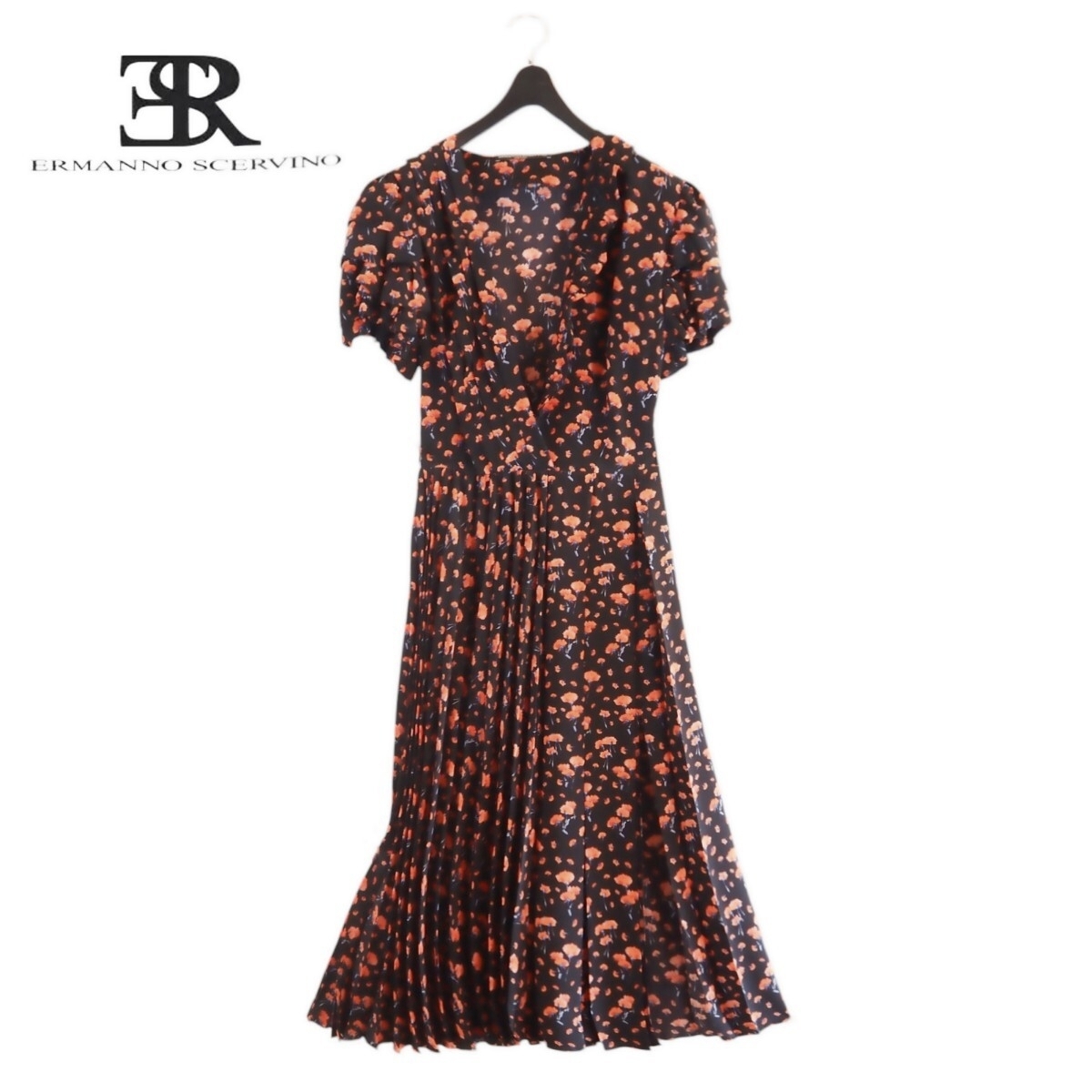 美品★エルマノシェルビーノ ERMANOSCERVINO★シルク100%★プリーツFlower マキシワンピース size 40/М相当