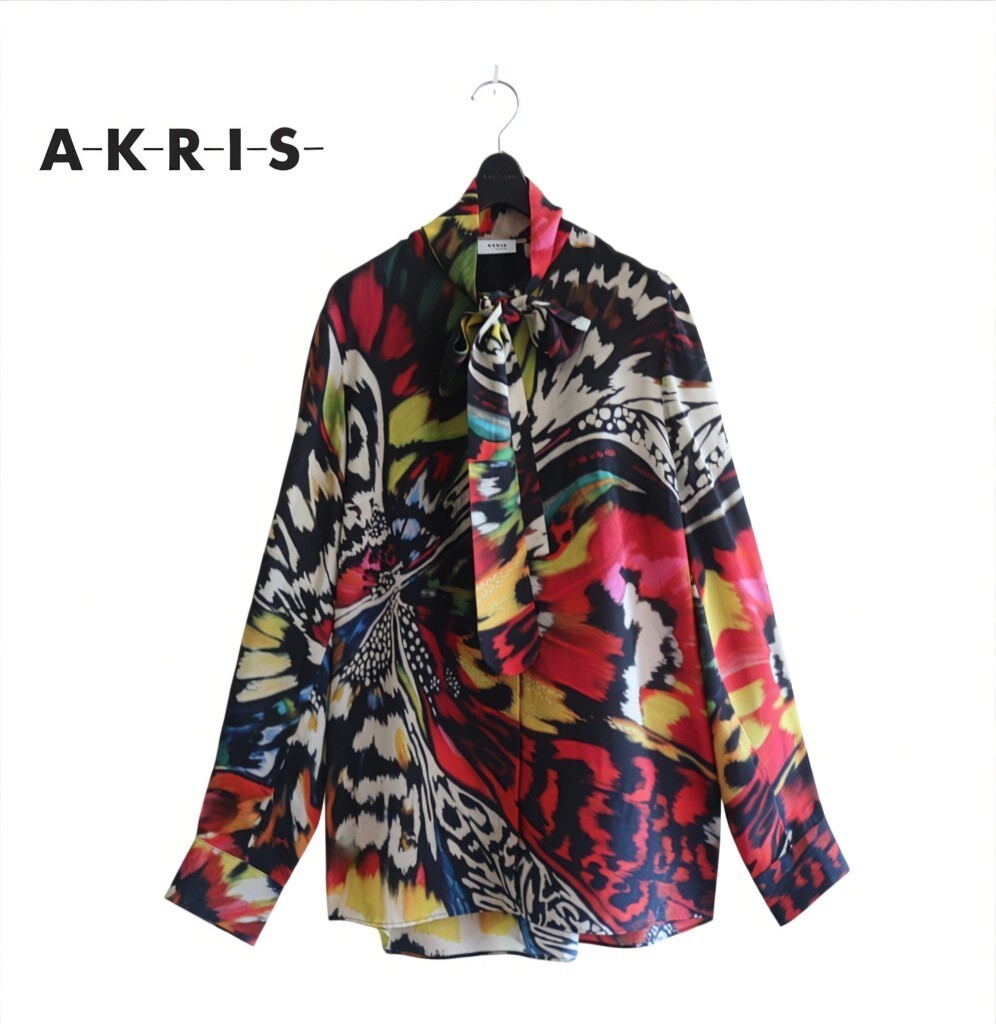 新品同様★アクリス AKURIS ★シルク100%★ オーバーサイズ ボウタイリボン ブラウス size 40/ L相当