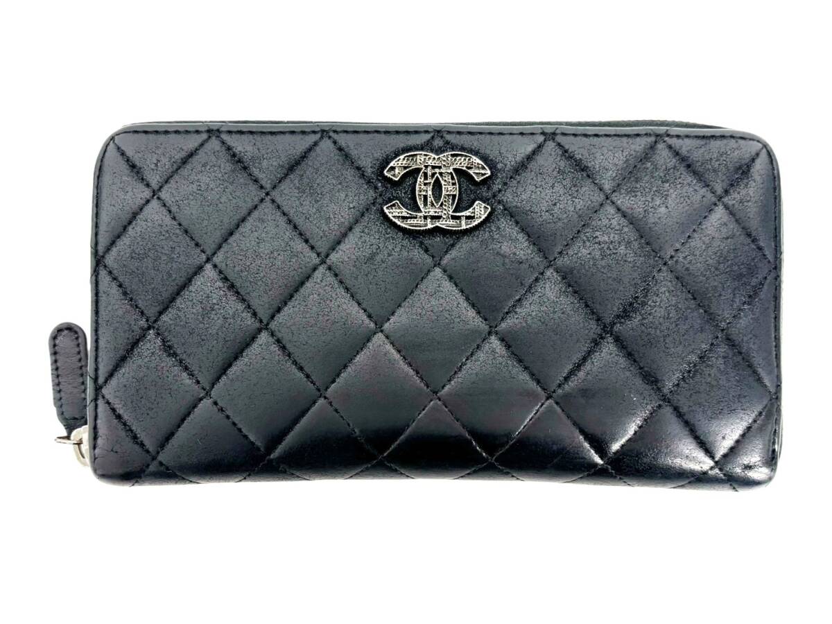 シャネル ブリリアント マトラッセ ヌバック レザー キルティング CHANEL 長財布 ラウンドジップ ココマーク ブラック HG260527