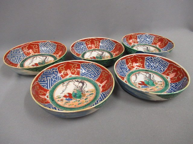 【古い九谷焼　五寸深皿　五客】時代物　会席茶道具　九谷庄三手色絵なます皿　径・約15cm　幕末～明治初期頃