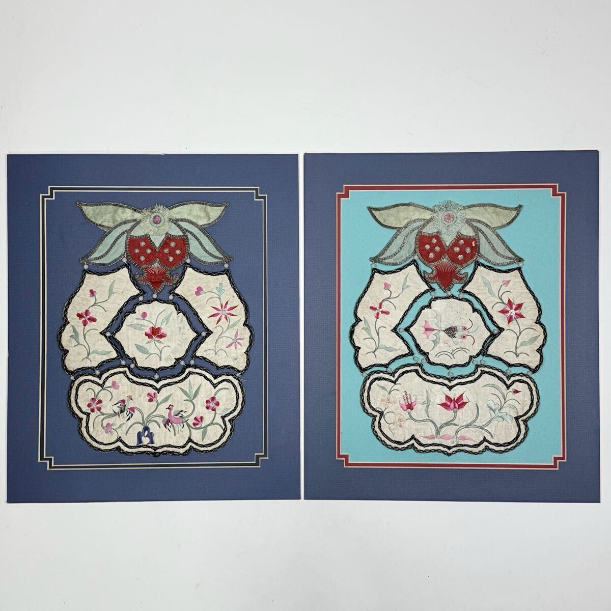 CBW-中国古美術 時代物 刺繍 飾物 花草図 ペア 額入 唐物 中国古玩 古董