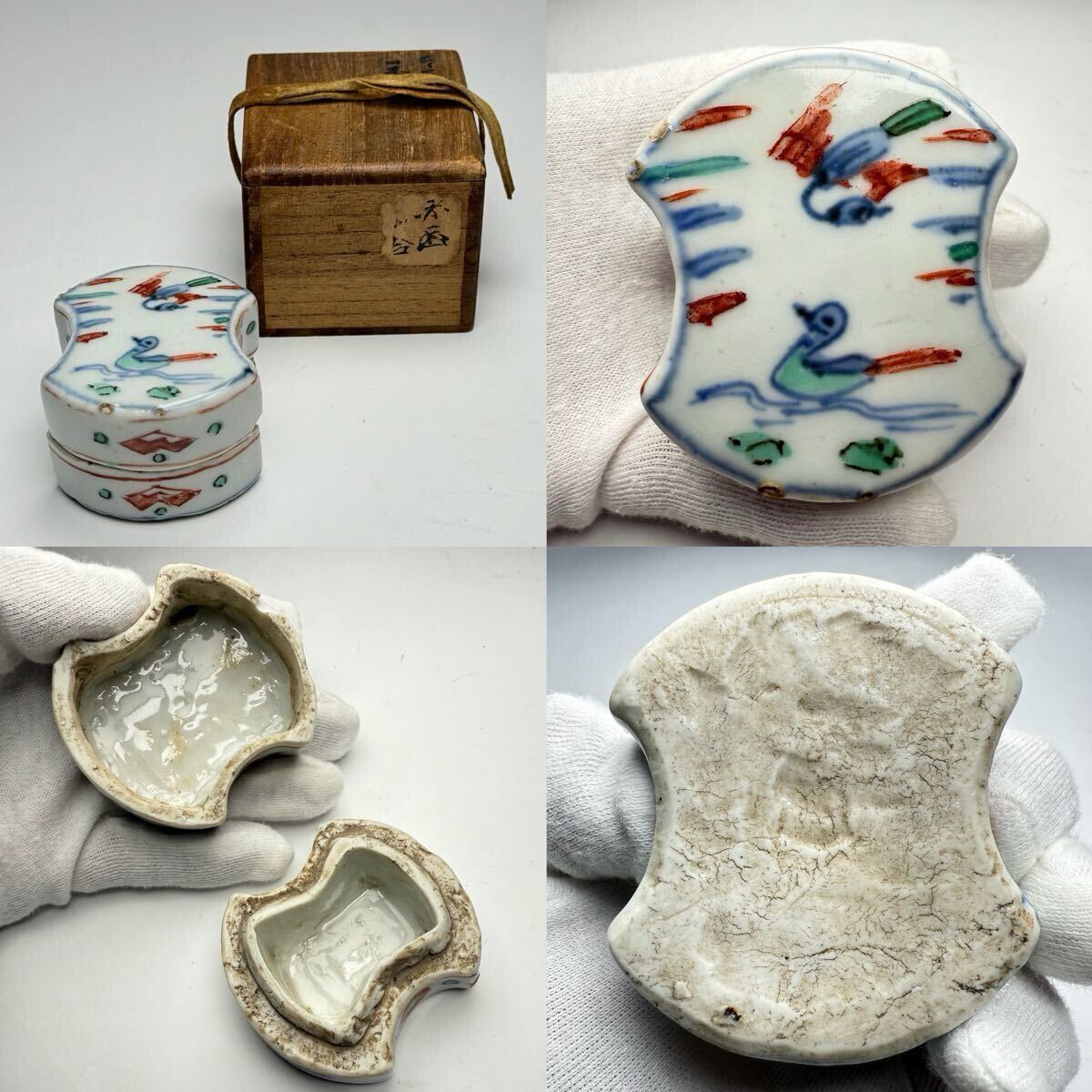 BY-中国古美術 時代物 色絵 五彩 香合 香道具 蓋物 共箱付 唐物 陶磁器 中国古玩 古董 傷あり