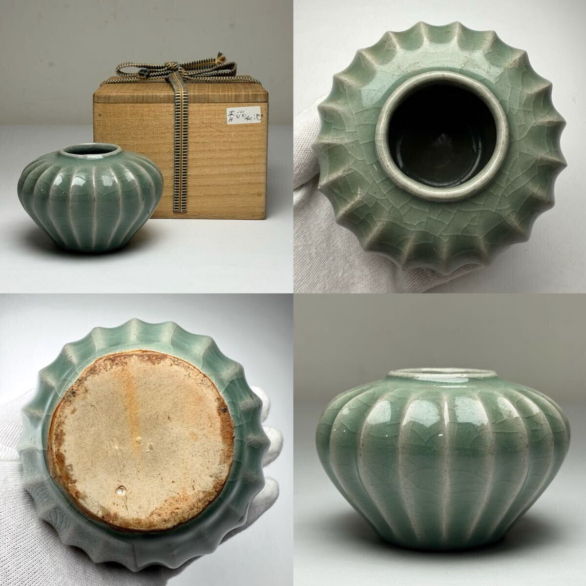 2605026-中国古美術 時代物 青磁 瓜壺 共箱付 唐物 陶磁器 中国古玩 古董