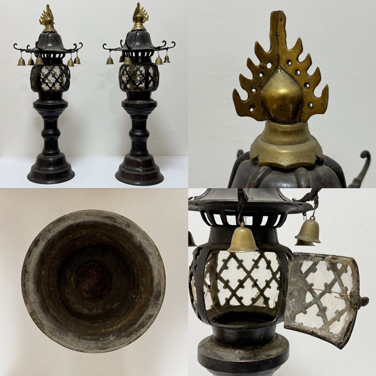 XMF-日本古美術 時代物 銅製 古銅 仏具 灯篭 灯籠 置物 ペア 仏教美術 古玩 古董