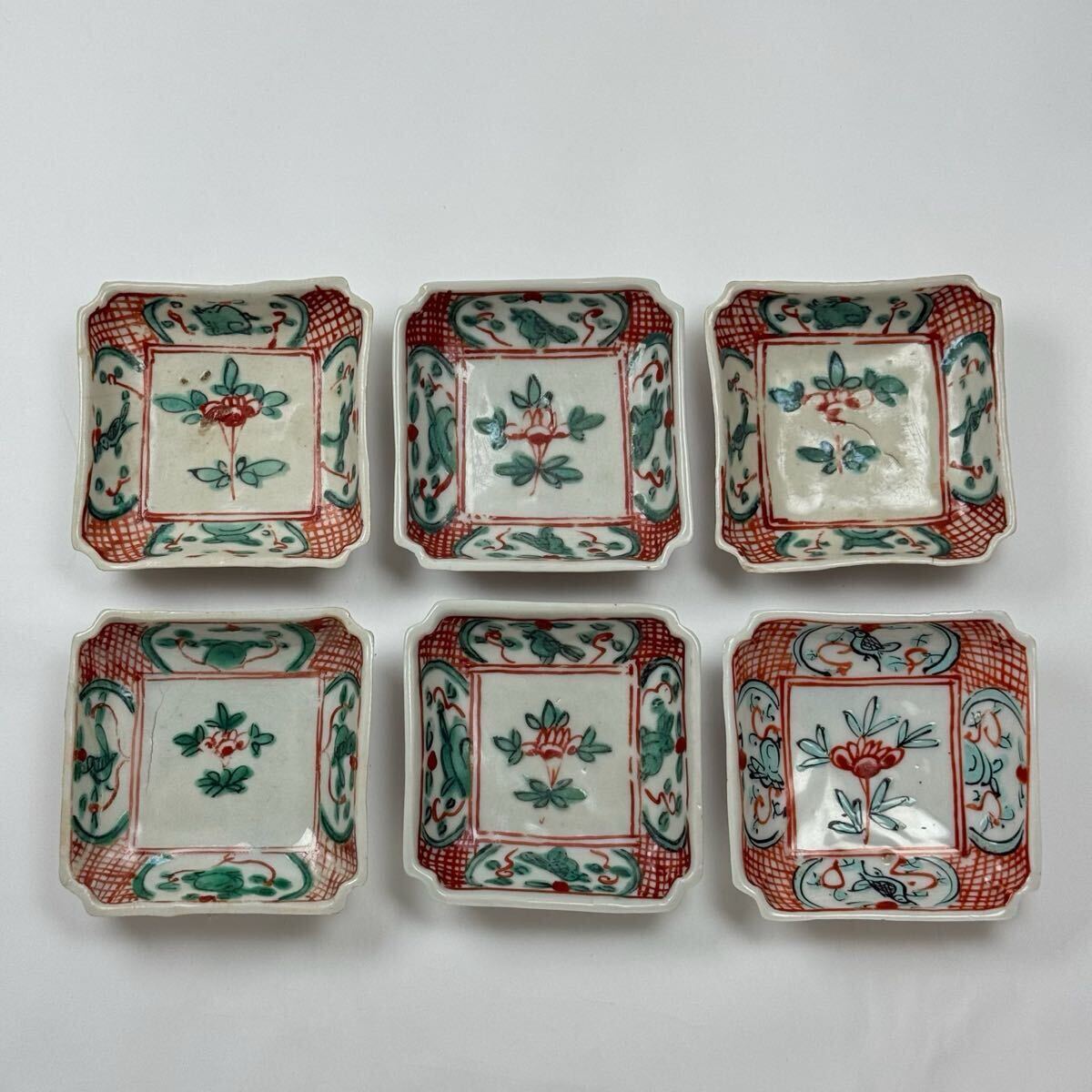 CBW-中国古美術 時代物 呉須赤絵 角皿 小皿 色絵 6点セット 小鉢 唐物 陶磁器 中国古玩 古董 傷あり