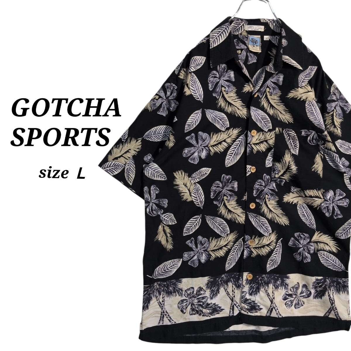 USA古着　GOTCHA SPORTS　ガッチャスポーツ　総柄シャツ　アロハ　かりゆしウェア　　黒　メンズL　オーバーサイズ　90s　00s　Y2K