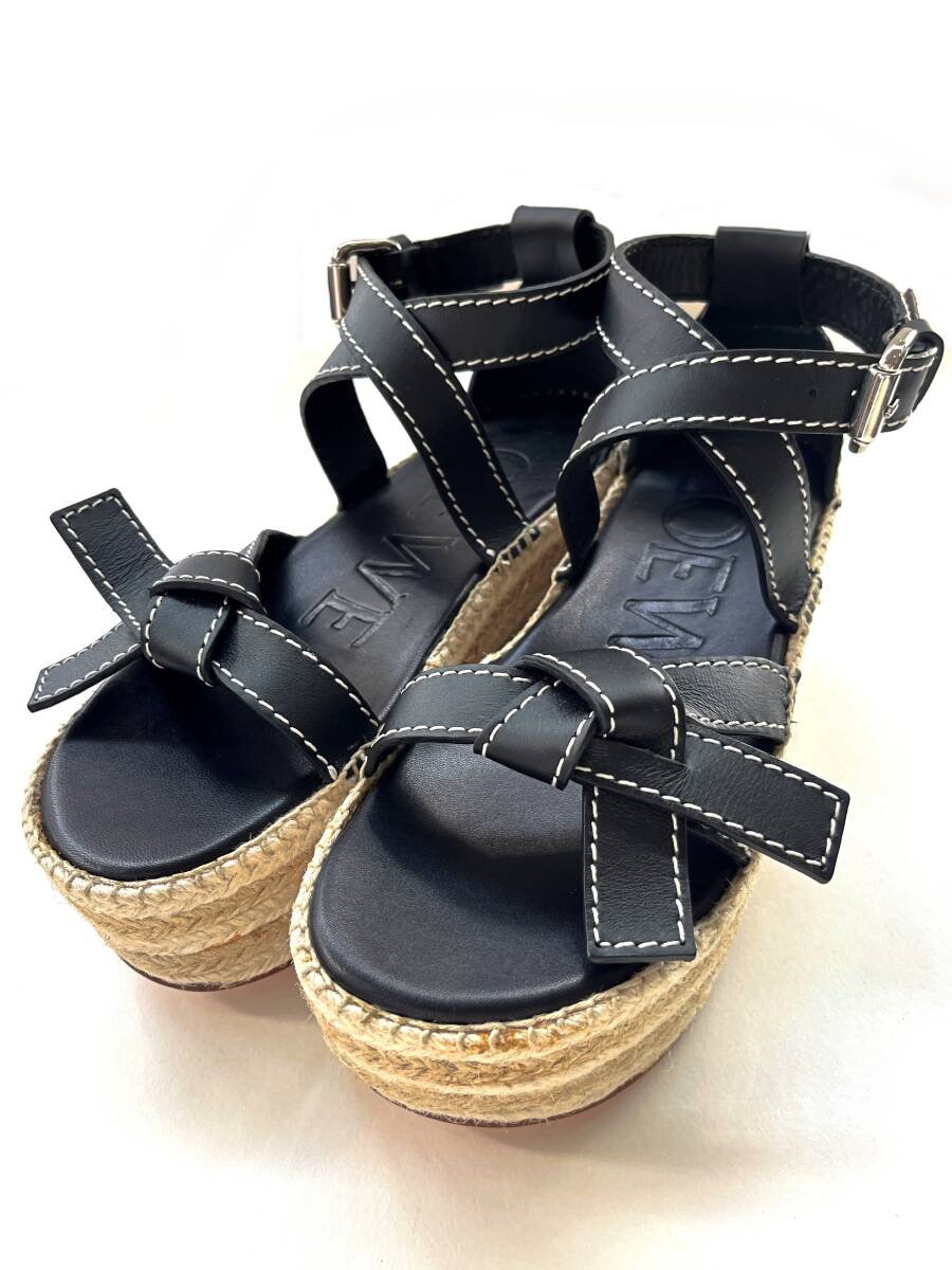 【即決/サイズ36】 LOEWE Gate Wedge Espadrille ゲートウェッジエスパドリーユ サンダル ブラック レザー ストロー 約23cm ロエベ