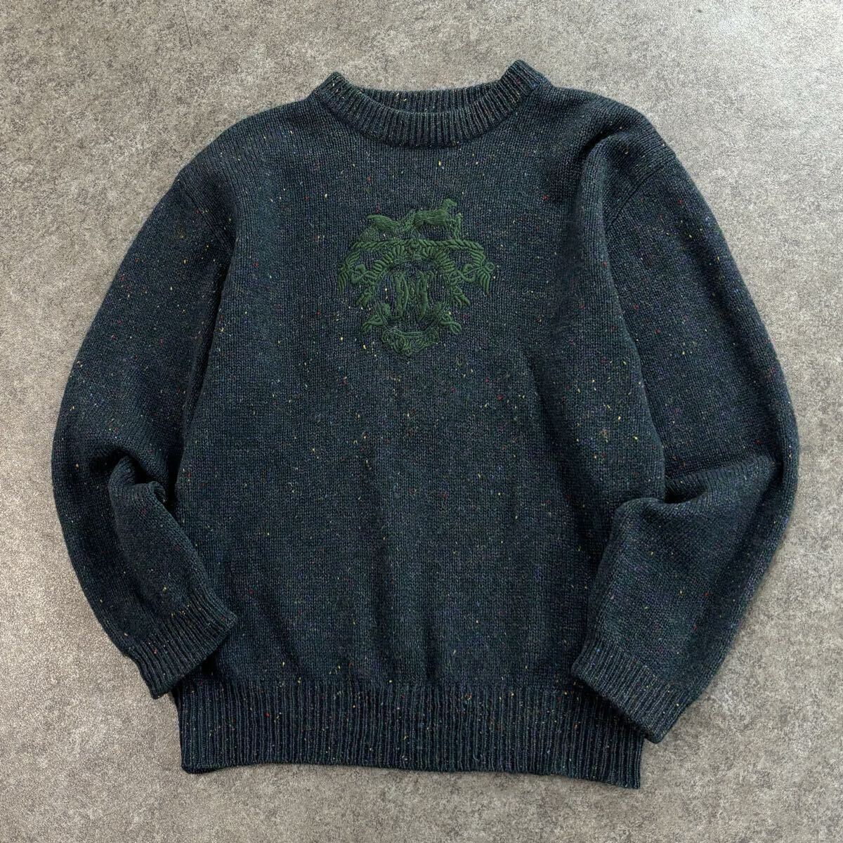 希少! イタリア製 Vintage HERMES エルメス ヴィンテージ ニット クルーネック セーター ロゴ刺繍 ビンテージ グリーン メンズ