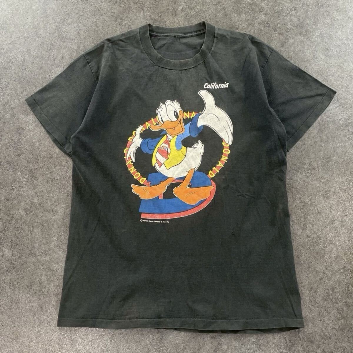 90s Vintage Disney Sherry DONALDO ディズニー ドナルド Tシャツ クルーネック 墨黒 鬼フェード 反転 プリント 袖裾シングル ヴィンテージ