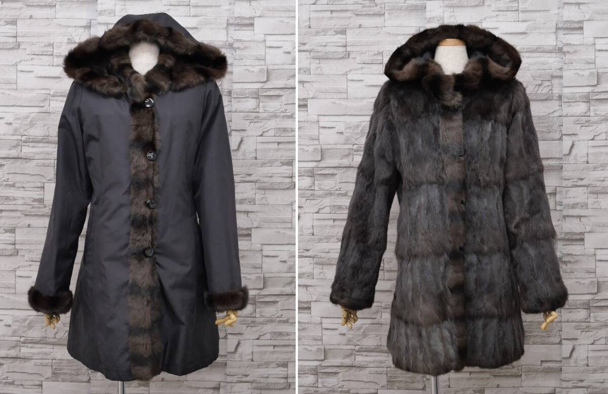 ☆ロシアリス☆セミロングコート☆着丈82cm☆CRESEND☆リバーシブル☆フード付き（取り外し可能）
