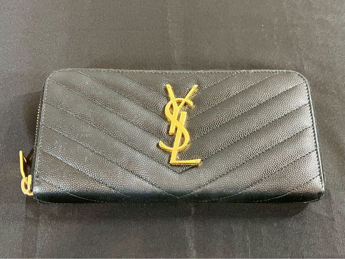 不中1601 SAINT LAURENT サンローラン 財布 レステッチ カサンドラ キャビアスキン YSLロゴ