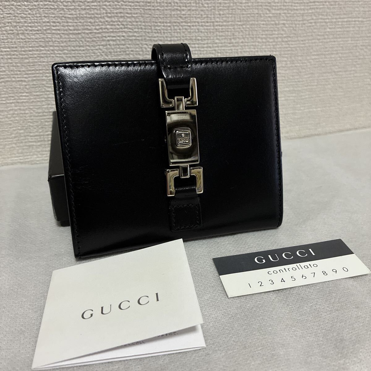 【美品】 GUCCI グッチ 二つ折り財布 ジャッキー レザー ブラック 付属品付き シリアルあり
