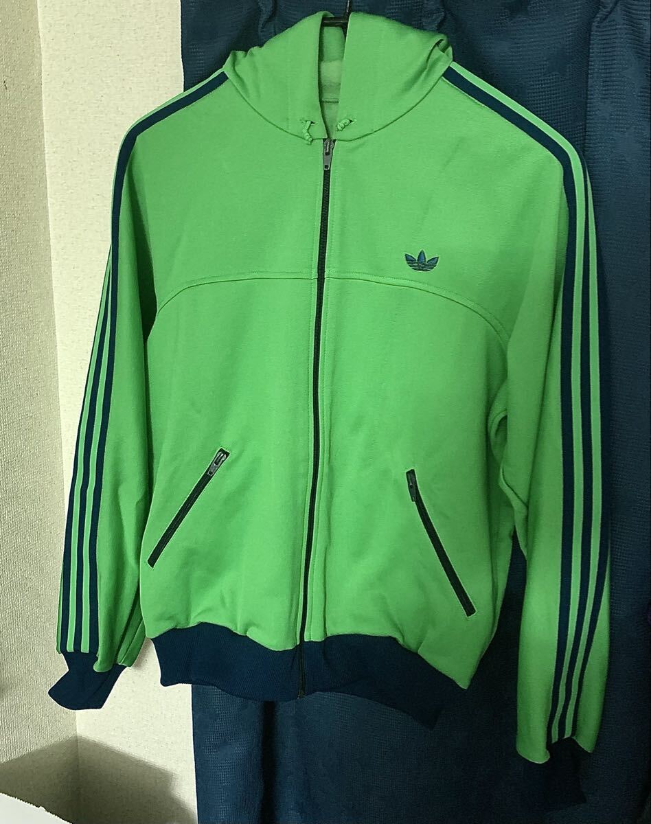 adidas アディダス フード パーカー ジャージ デサント ADA-11F トレフォイル 黄緑 青 紺 70s 80s L ビンテージ ヴィンテージ レトロ 昭和