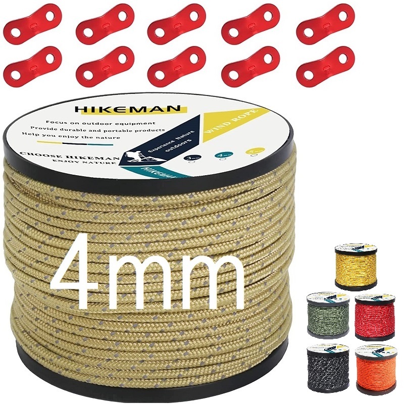 HIKEMAN テントロープ パラコード ガイロープ タープ用 反射材入り 耐荷重330kg キャンプ用品 パーツ 50m 4mm 104 4色から選択