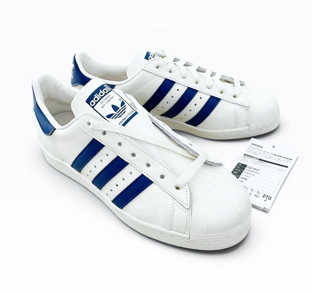 デッド!! 名作!! 21年 adidas スーパースター 82 白 x 青 SUPERSTAR 82 us 9 / 27 ㎝ 天然皮革 単色ベロ フランス製 復刻 レアカラー