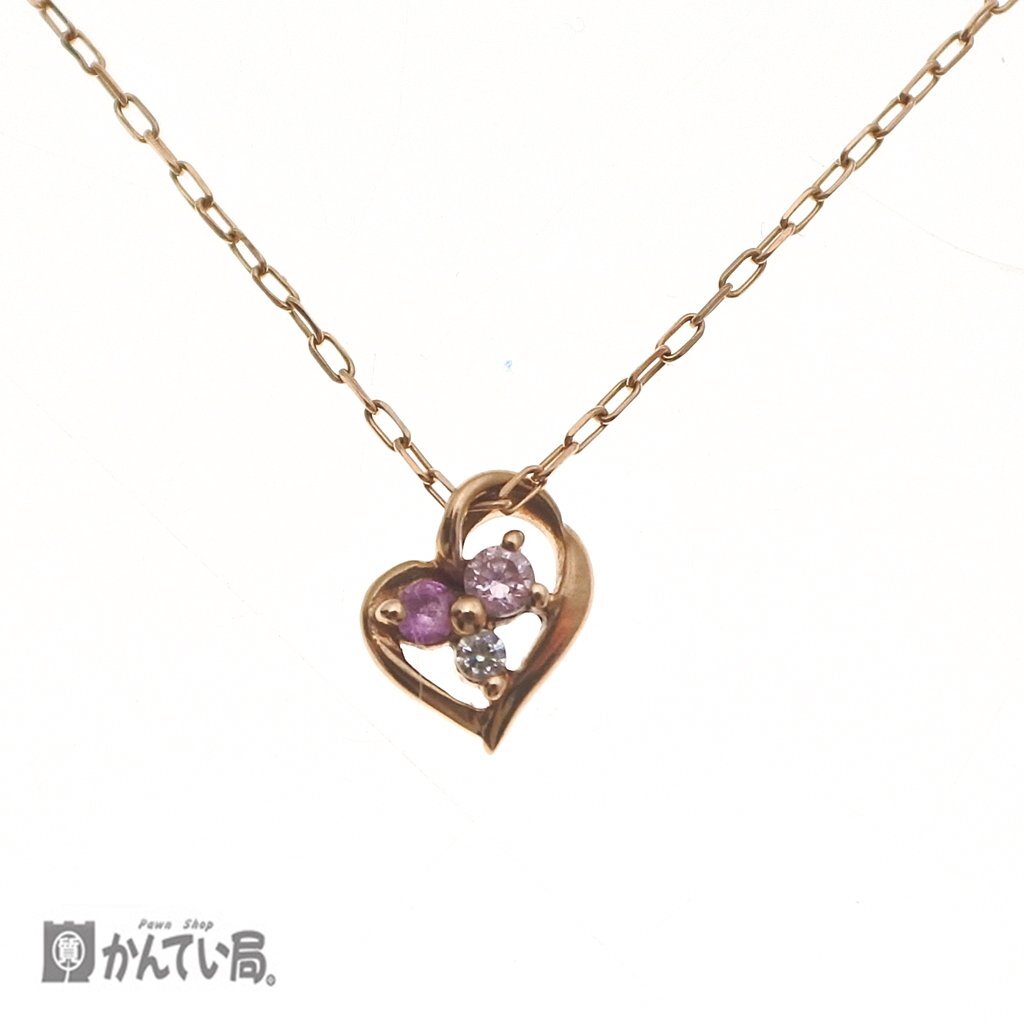美品 4℃ ヨンドシー マルチカラーストーン ネックレス ピンクゴールド K10 PG ハート 可愛い レディース 全長:約40cm 細め キラキラ