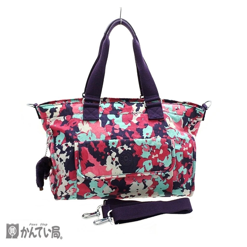 Kipling キプリング 花柄 総柄 2WAYバッグ ゴリラ キーホルダー付き ポケット多数 軽量 斜め掛け 手提げ かばん ファスナー開閉式 マチ有り