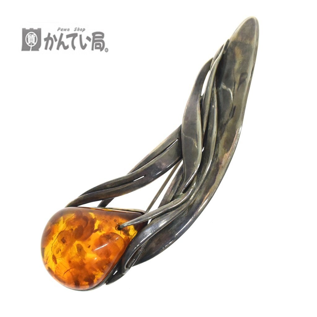 琥珀 シルバー ブローチ アンバー ハンドメイド TAEKO作 ヴィンテージ SILVER アンティーク調 こはく 銀製 クリックポスト発送 おしゃれ