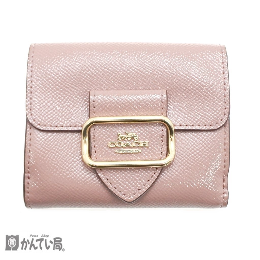 COACH コーチ クロスグレインレザー スモールモーガン ウォレット CE671 コンパクト 財布 くすみピンク系 ホック開閉 クリックポスト発送
