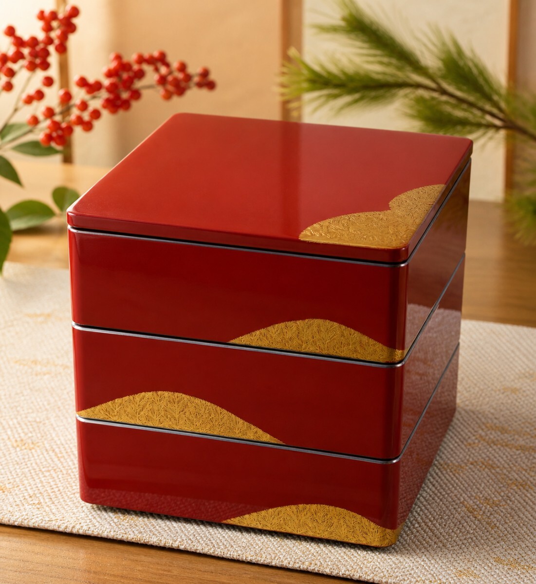 管W1459 漆器 三段重箱 6.5寸 朱塗 金彩 松文様 約20cm 天然木 うるし塗装 菊華堂 堅地家具 共箱付 おせち 正月
