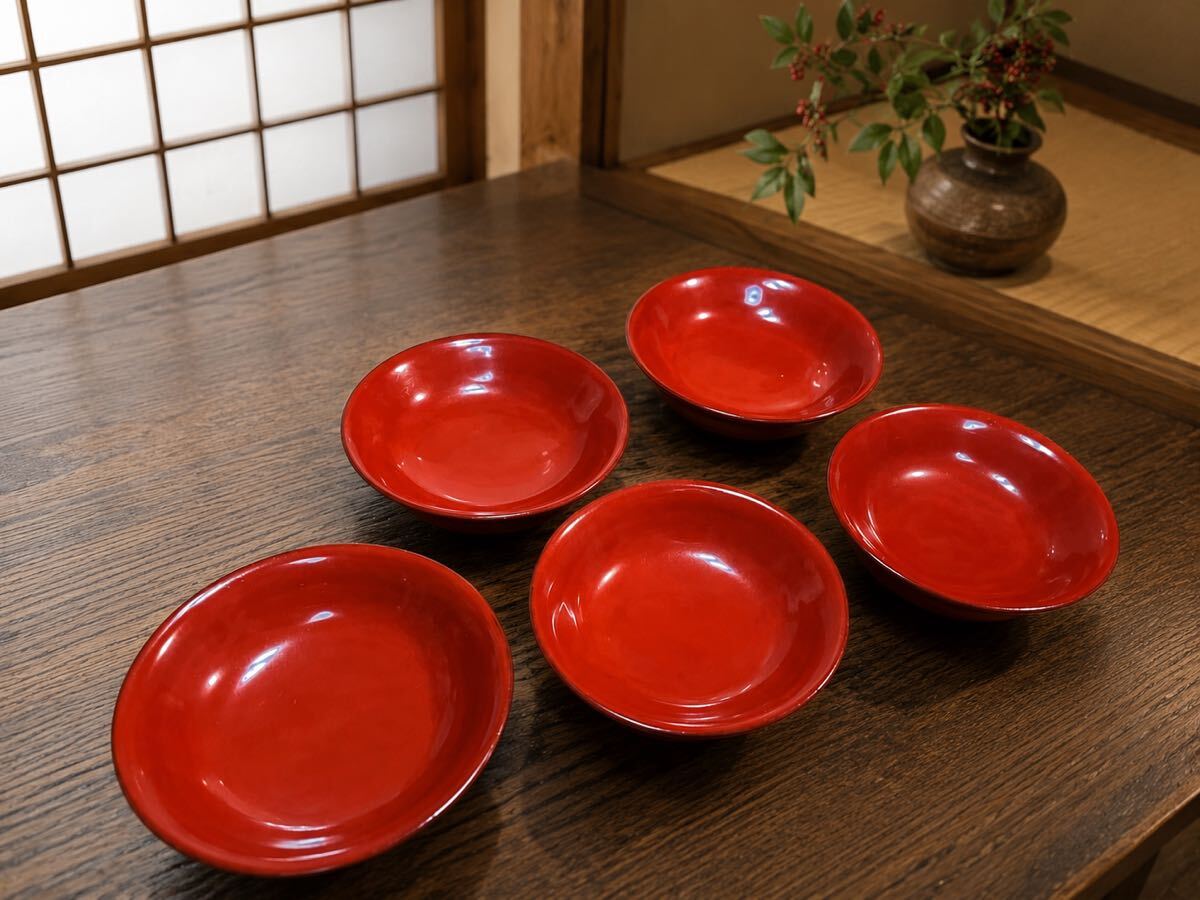 管R575 朱塗 黒塗 小皿 銘々皿 5客 直約10cm 木製 漆器 和食器 取り皿