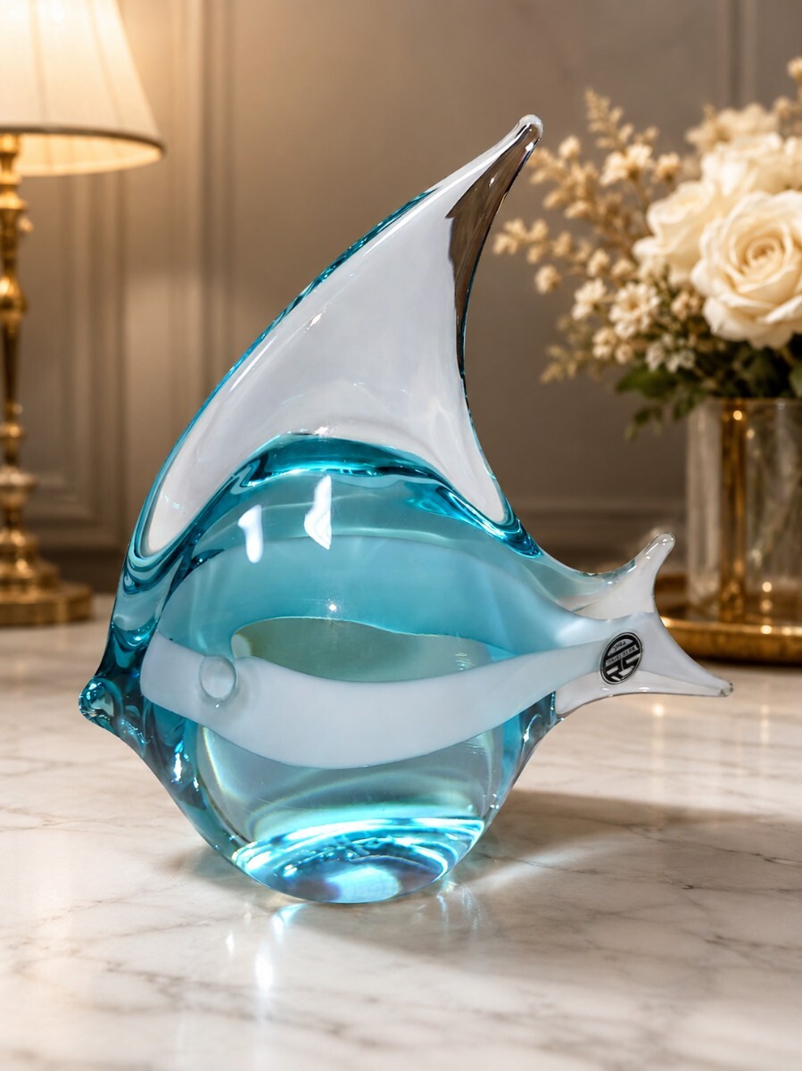 管W1505 ムラーノガラス エリオ・ラファエリ サイン有り ガラス 魚 オブジェ Italy Murano ブルー×ホワイト ベネチアンガラス 置物