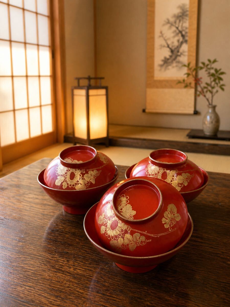 管C221b 小吸物椀 朱塗 金蒔絵 漆器 和食器 3客