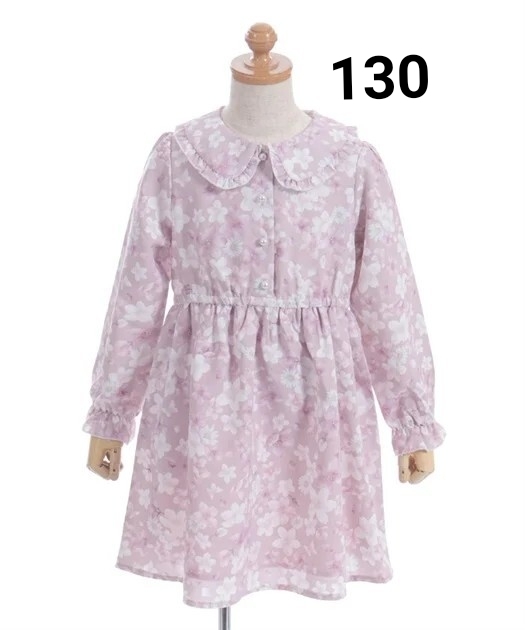 axes femme kids サクラ柄シャツワンピース ピンク 130 子ども 長袖ワンピース 女の子 花柄