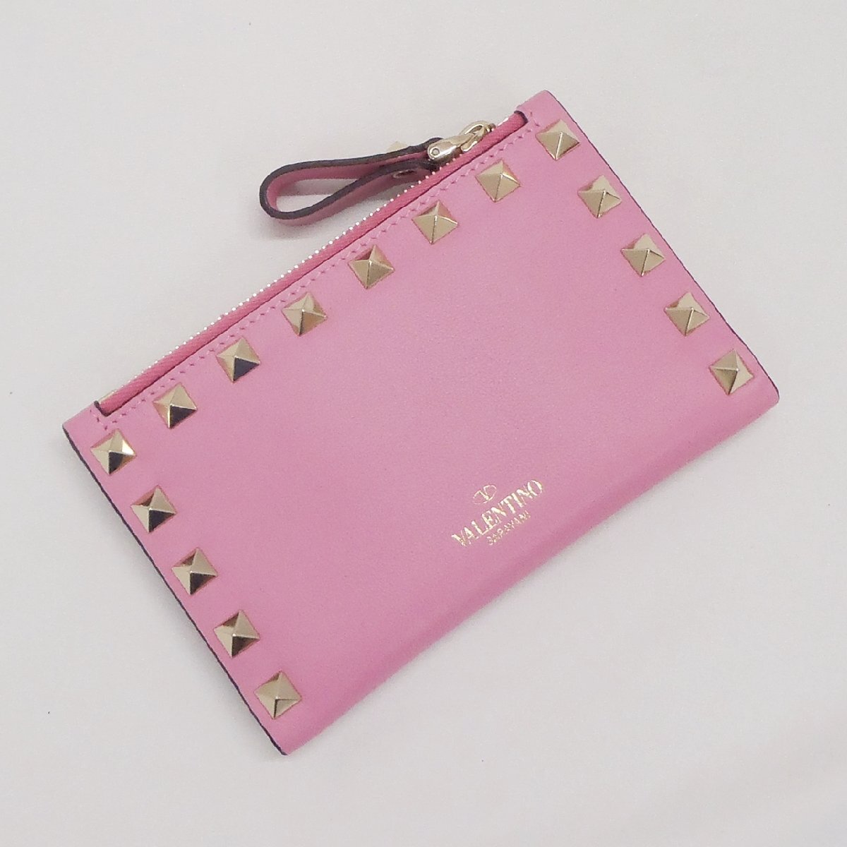 VALENTINO GARAVANI ヴァレンティノ ガラヴァーニ ロックスタッズ カードケース コインケース ピンク系 レザー 箱 布袋付き 中古品 f_ｂ(j)