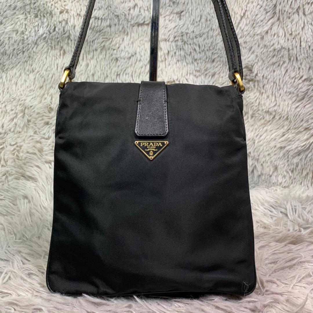 美品 PRADA プラダ ハンドバッグ ショルダーバッグ 肩掛け 三角ロゴ トライアングルプレート ポコノ ナイロン ターンロック 黒 ブラック