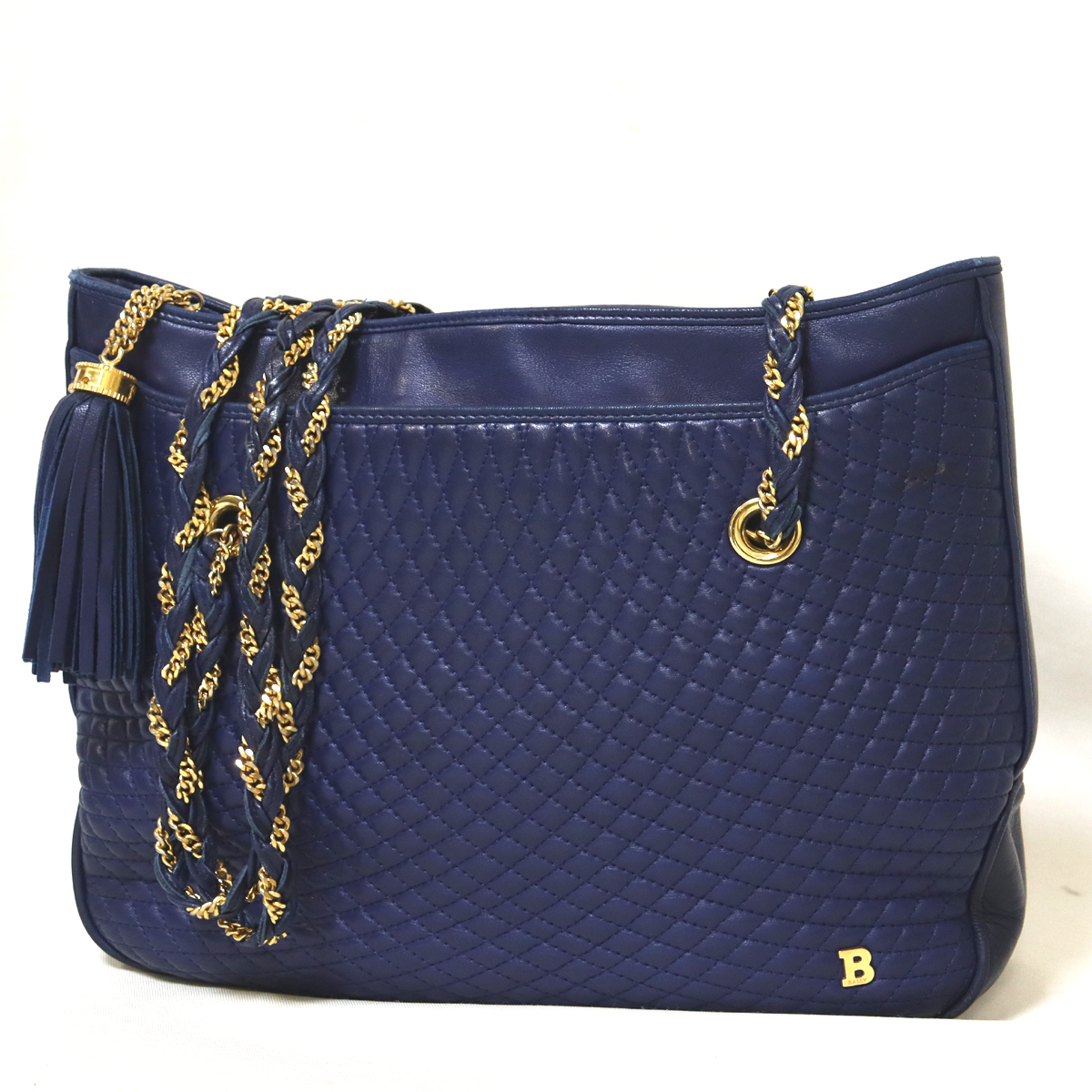 極美品 BALLY バリー キルティング ラム レザー チェーン ショルダー バッグ ネイビー ゴールド金具 トートバッグ