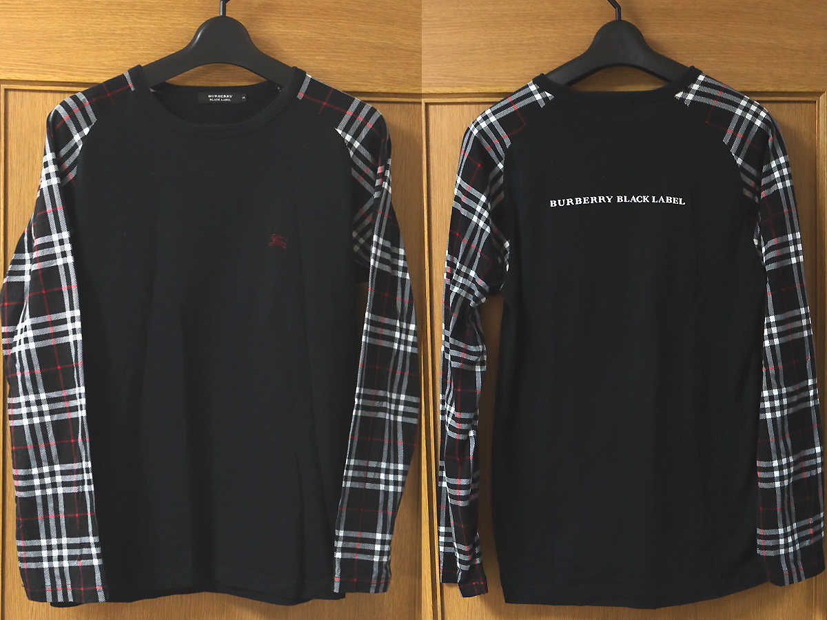 極美品 名作 BURBERRY バーバリーブラックレーベル コットン 長袖 Tシャツ 2 ロンT ノバチェック袖 ホース刺繍 ブラック　背面ロゴ