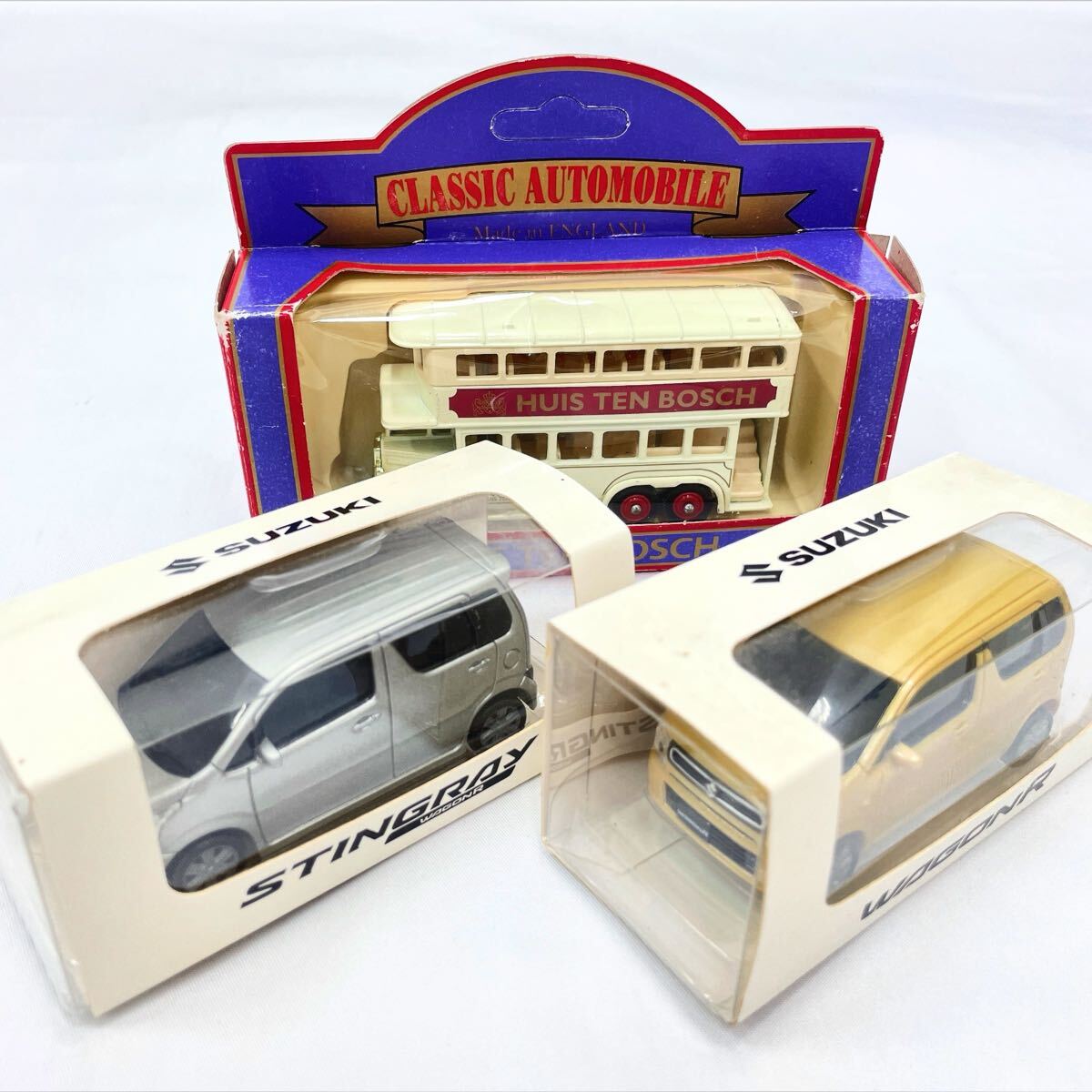 3330421 非売品 スズキ　ワゴンR プルバックカー/非売品　スズキ　ワゴンR スティングレー/ハウステンボス　2階建バス ミニカー　3点セット