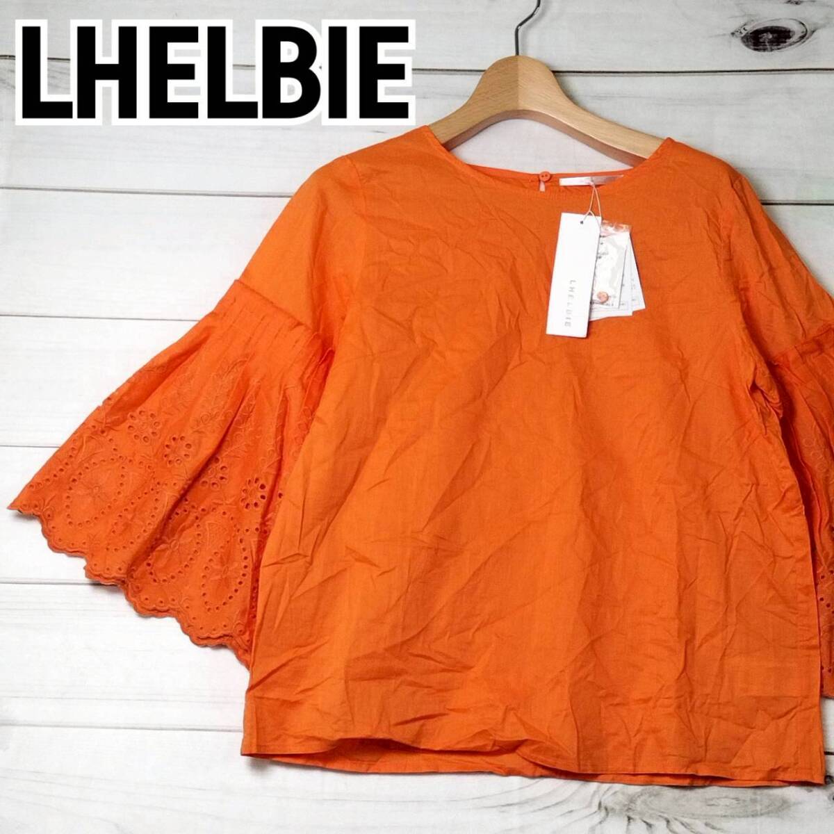 タグ付き 未使用 LHELBIE レディース 半袖ブラウス オレンジ F M サイズ相当 フレアスリーブ 刺繍 コットン 綿100 春夏 トップス