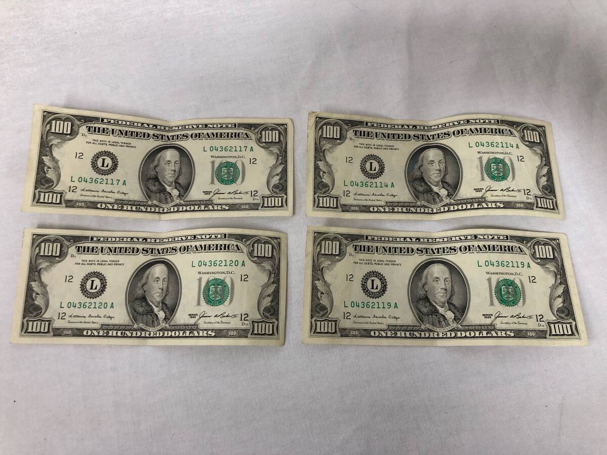 D17　外国紙幣 アメリカ 旧100ドル紙幣　USD アメリカ紙幣 旧札 アメリカドル札 米ドル 外国紙幣 古銭 アンティーク　4枚　まとめ