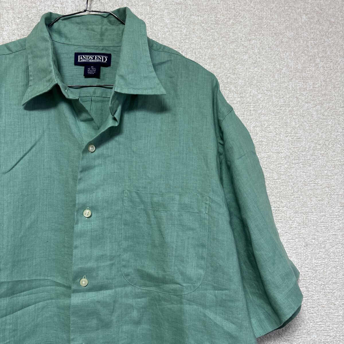 LANDS’ END ランズエンド 半袖シャツ M リネン100％ 麻 ミントグリーン 無地 レギュラーカラー メンズ 古着
