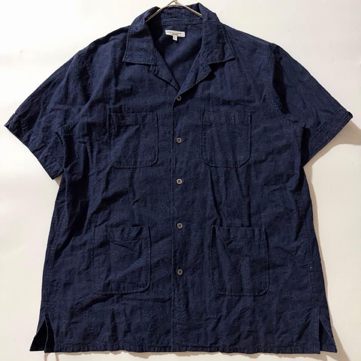 Engineered Garments エンジニアドガーメンツ キューバ シャツ ペイズリー ジャガード ネイビー L オープンカラー 開襟 アメリカ製 USA製